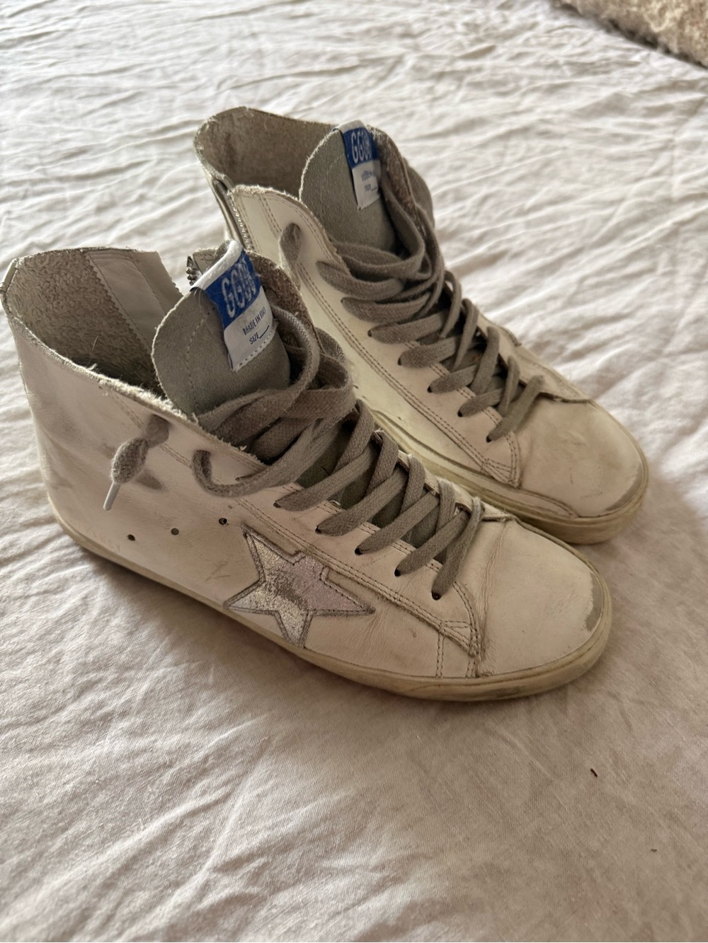 Golden Goose White Leather High-Top Sneakers with Silver Star